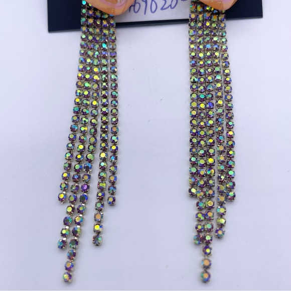 NOIR long tassel rhinestone heart shaped drop dangle earrings- New - Picture 4 of 10